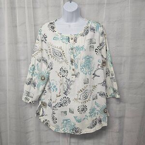 Orchadia White Floral Peasant Blouse Boho Batik Pintuck L